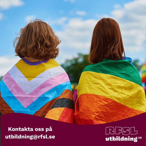 Två personer med hbtqi-flaggor på Pride. Kontaktuppgifter till rfsl utbildning ab.